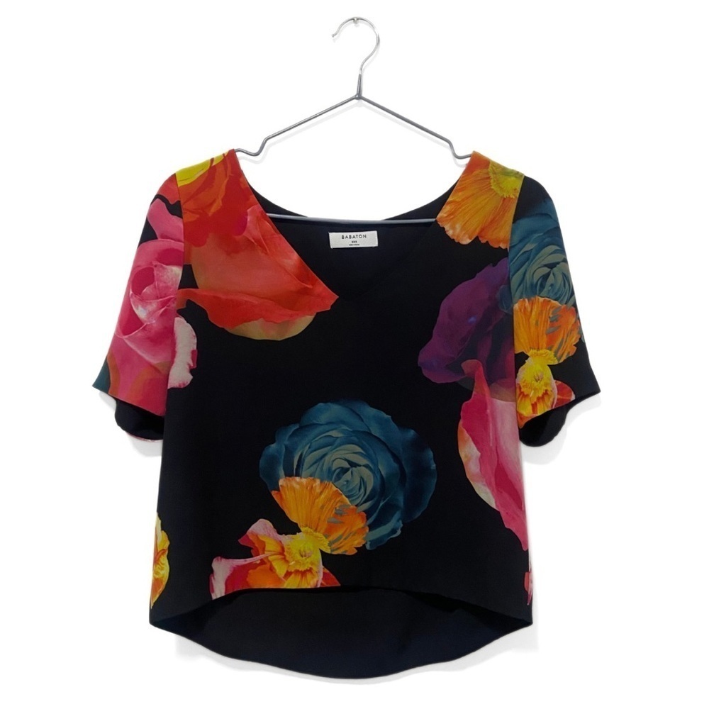 Babaton | Aritzia Black/Multicolour Floral Randy VNeck Cropped Blouse Top